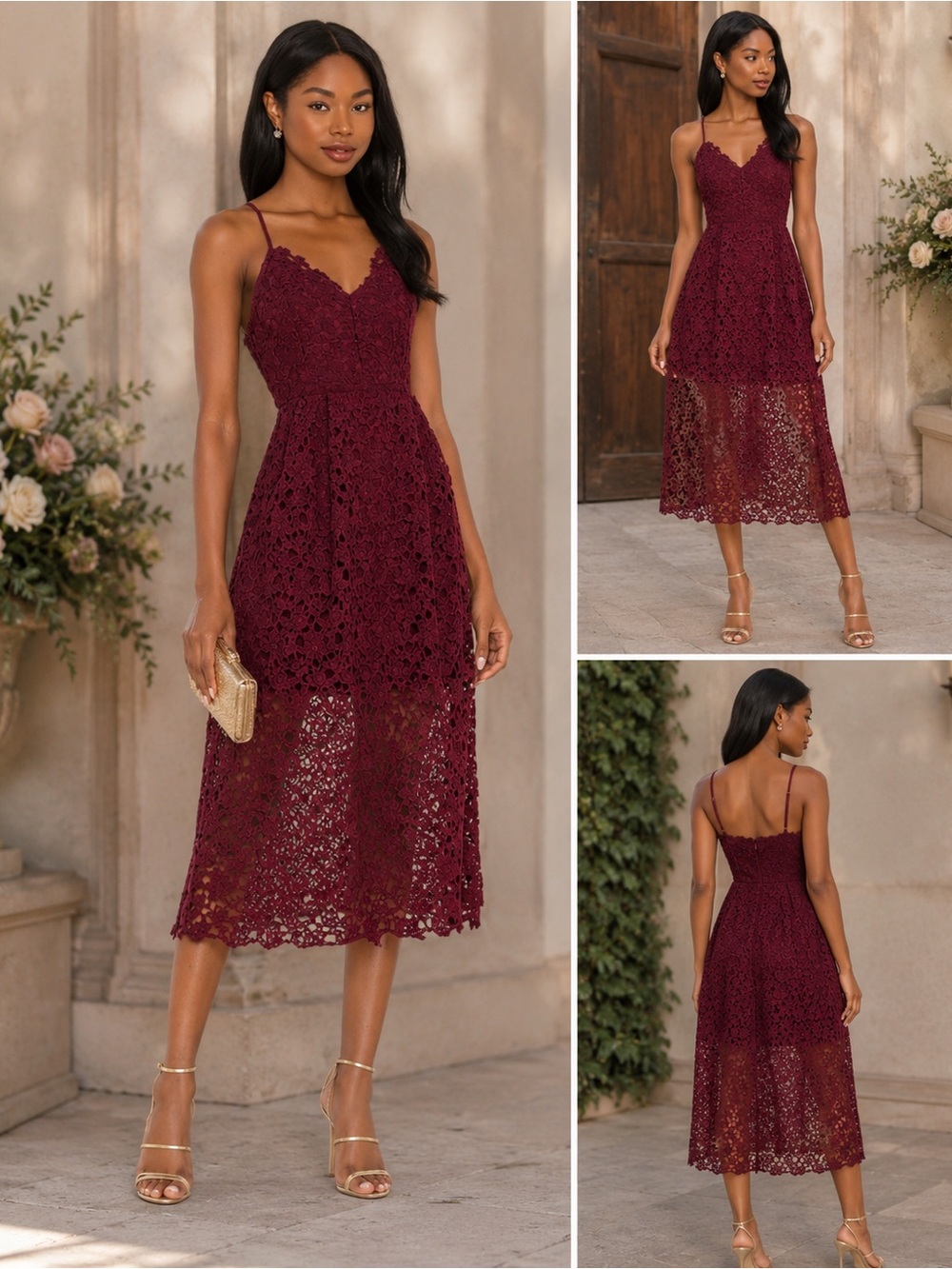 NWOT - Astr Burgundy Lace Midi Dress with Spaghetti Straps
